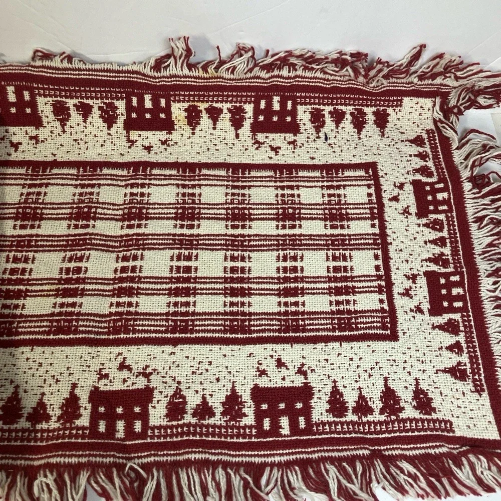 Crate Barrel table runner Red White Fringed House Tree‎ Motif Belgian Cottage